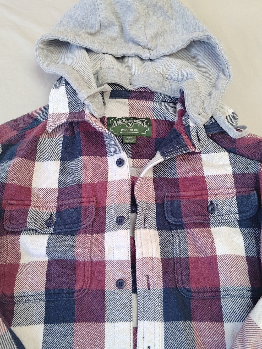 American Eagle Outfitters Plaid Hooded Shirt Jacket - Burgundy Navy Cream - Picture 2 of 5
